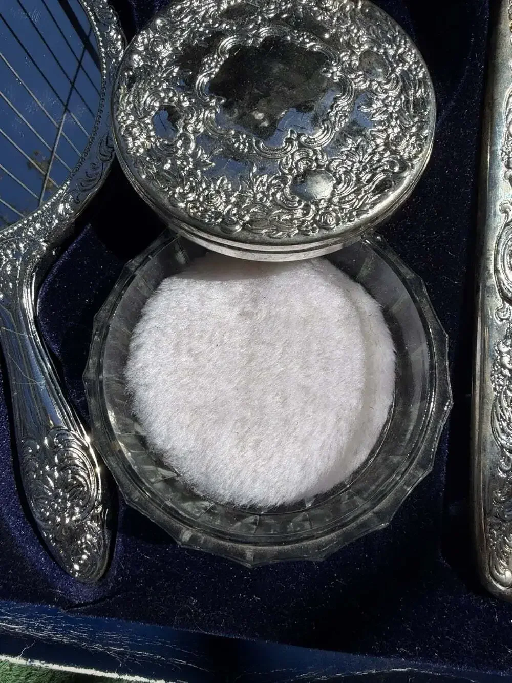 Vntg”Never Used”SilverPlated HandMirror Hair Brush Comb & Powder Jar Vanity Set